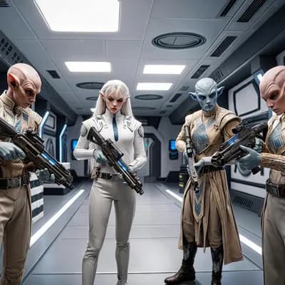 AI generated video: Cinematic Sci-Fi scene. The characters look over and inspect their weapons in the storeroom.  

No w...