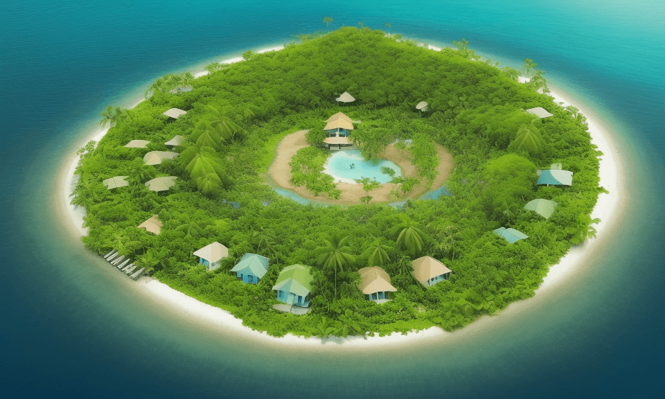 AI generated: bird's eye view of a simple tropical island, green with vegetation. positive, happy, sunny, with sin...