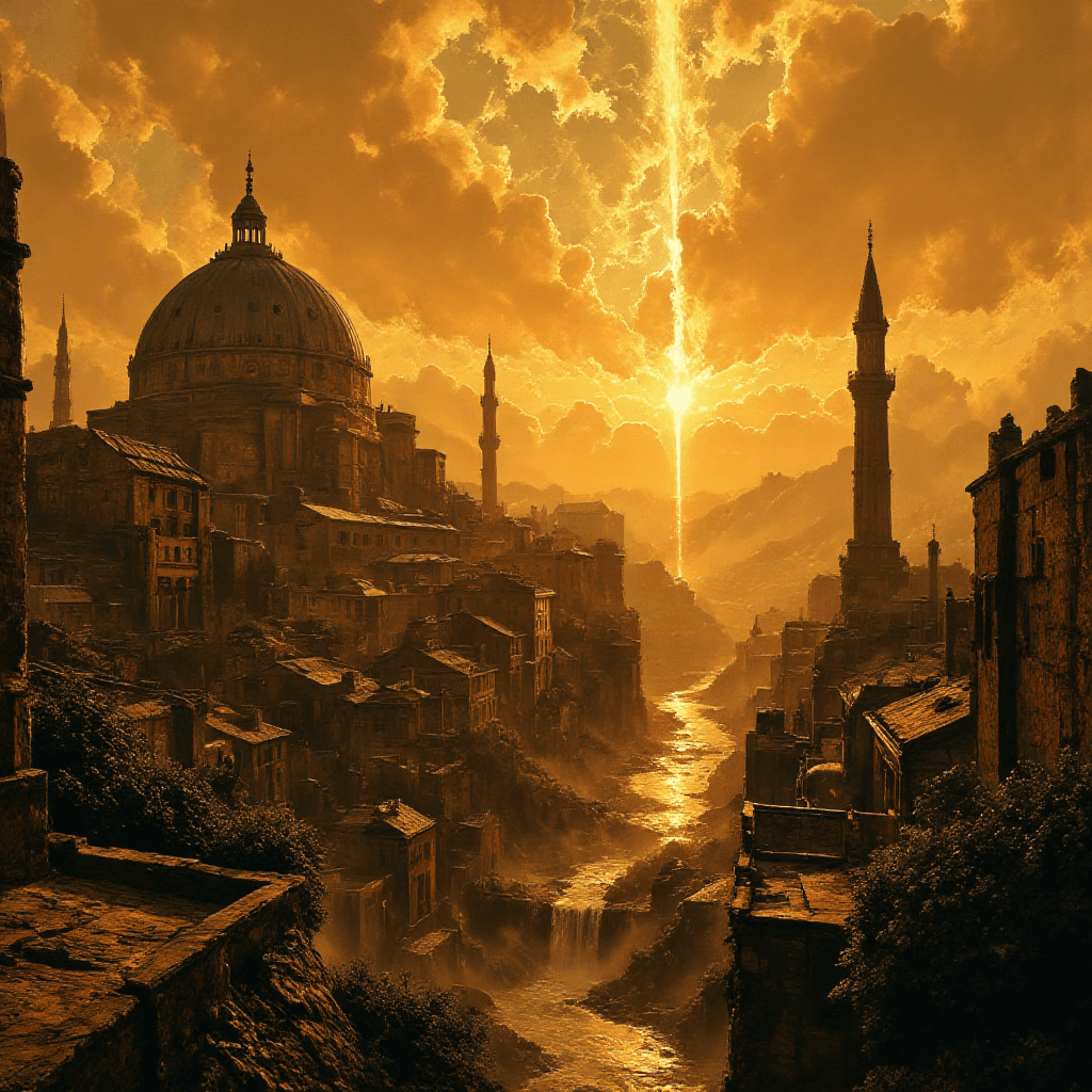 AI generated: City of a thousand years gave birth to breath drawn

under a dome of golden intent.

Under forge...