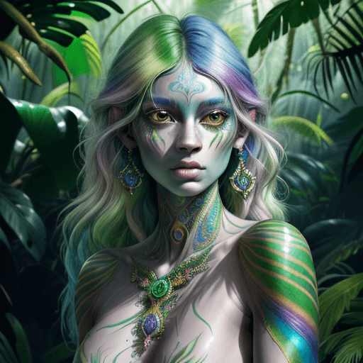 AI generated: This magnificent half human creature with rainbow dull skin color, shiny and sparkling, in the rainf...