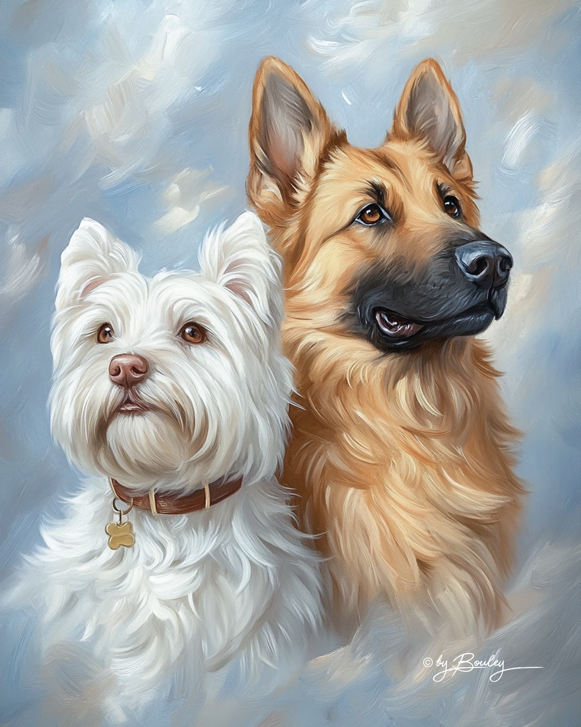 AI generated: A side-by-side profile portrait of a West Highland White Terrier dog and a German Shepherd looking t...