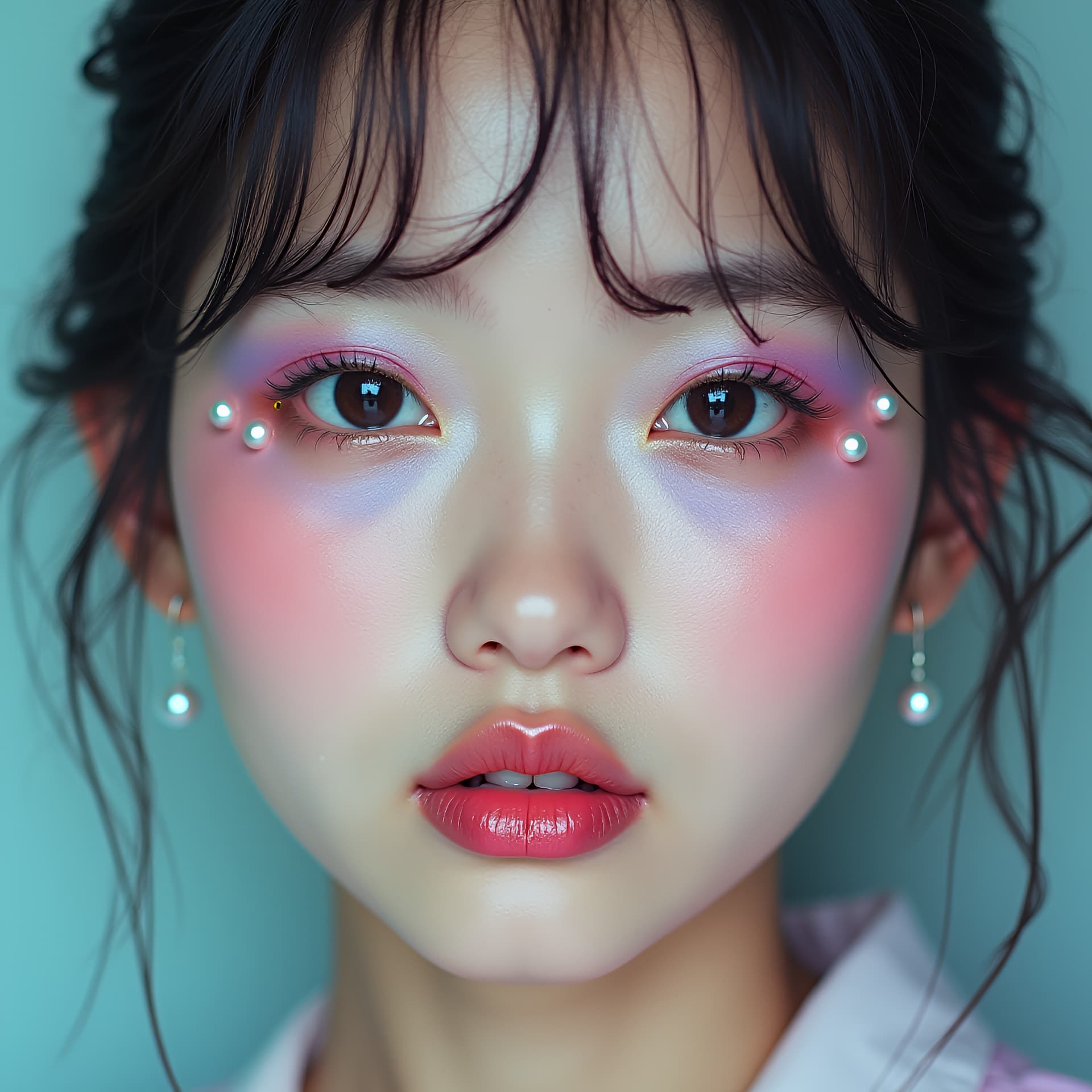 AI generated: fantasy-inspired portrait of a 22-year-old Japanese model with gradient pastel eyeshadow (mint, pink...