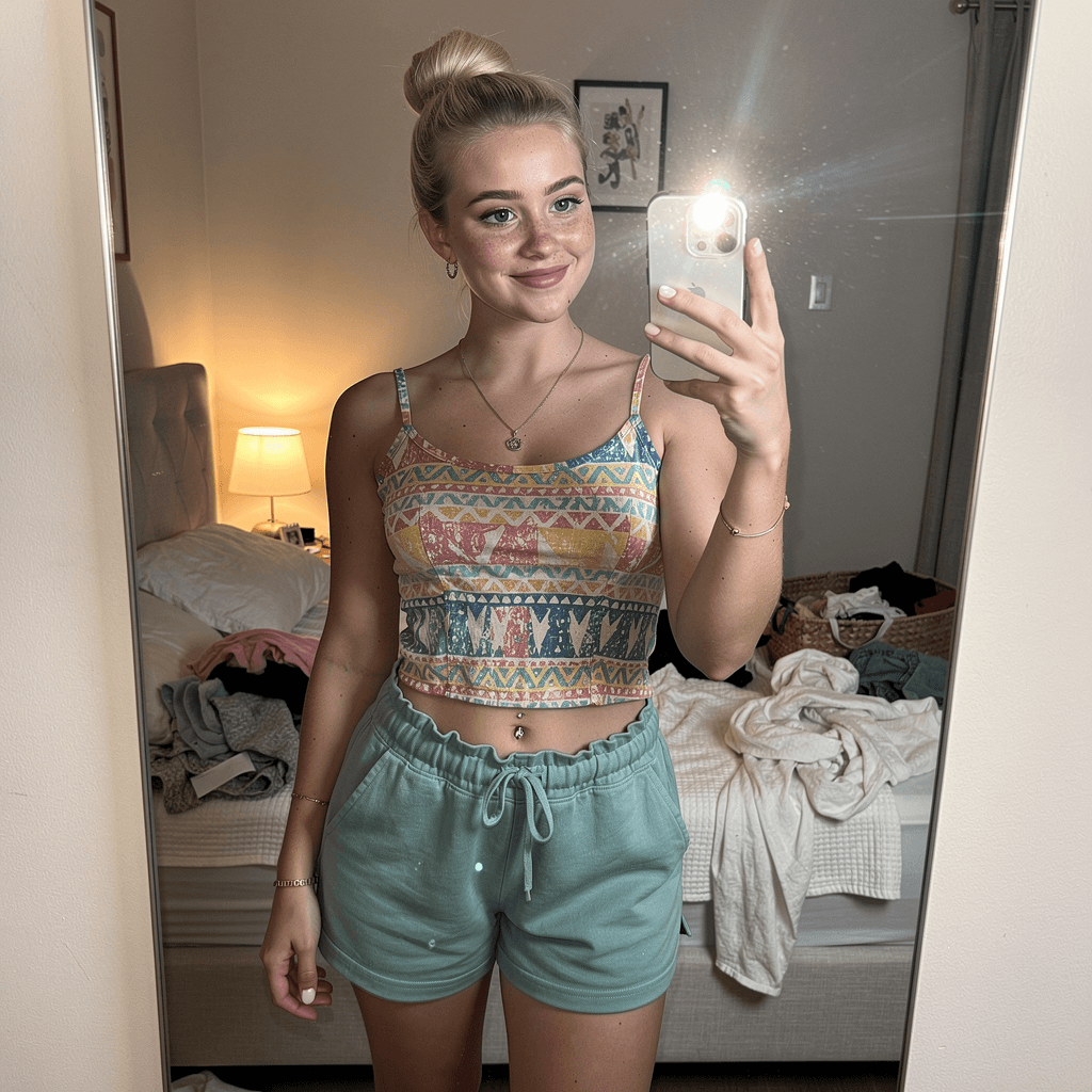 AI generated: Ultra realistic, mirror self shot picture, iPhone 15 Pro, slight camera flash, high quality image, s...
