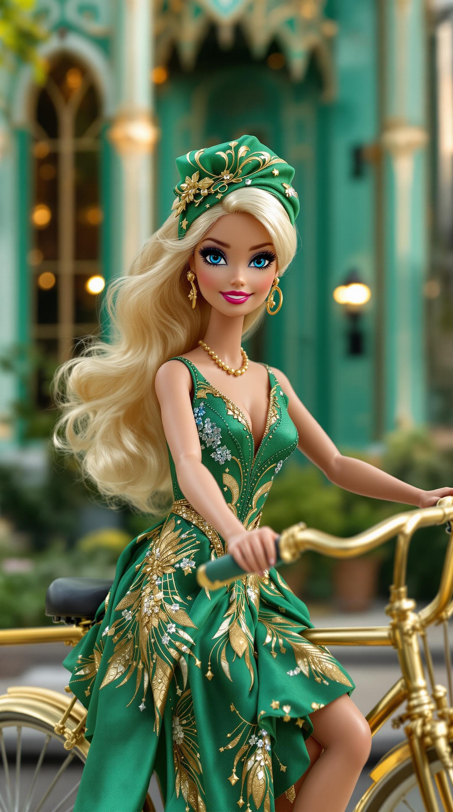 AI generated: photo, 20-year-old Barbie doll wearing art deco clothes, sitting on a bicycle in front of her art de...