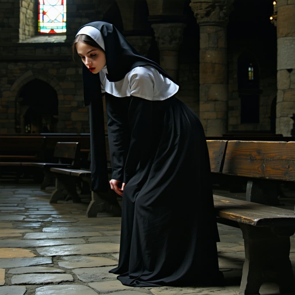 AI generated:  bending over a bench in a dark room in a church and pulling her robe to the side, revealing her but...