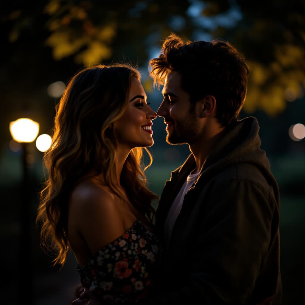 AI generated: mature buxom woman and very young boy, kissing, looking in each other's eyes, happy, in a park, in d...