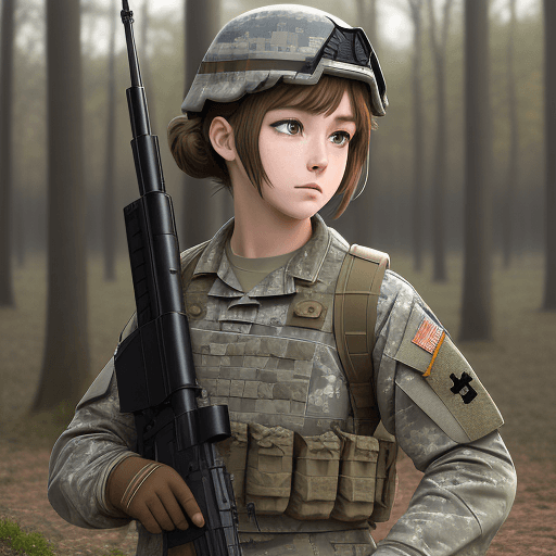 AI generated: perfect anime quality, (beautiful:1.2), school, (brown hair, soldier, united states army, military),...