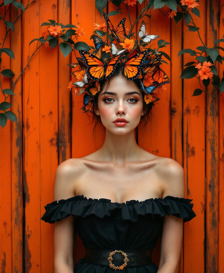 AI generated: 

beautiful captivating photo realism scene. woman orange black dress butterfly head, standing front...