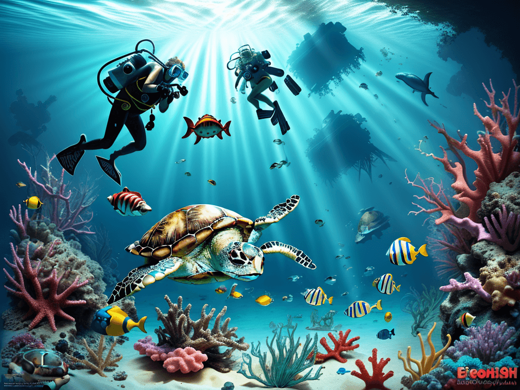 AI generated: Hyper realistic diving photo of caribbean sea, wreck ond the sand, diver, turtle, flashy fishes, day...