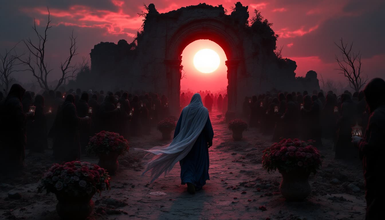 AI generated: hyper realistic. Shot: The Mystic Wanderer walks through a crowd of mourners, head bowed, as the sun...