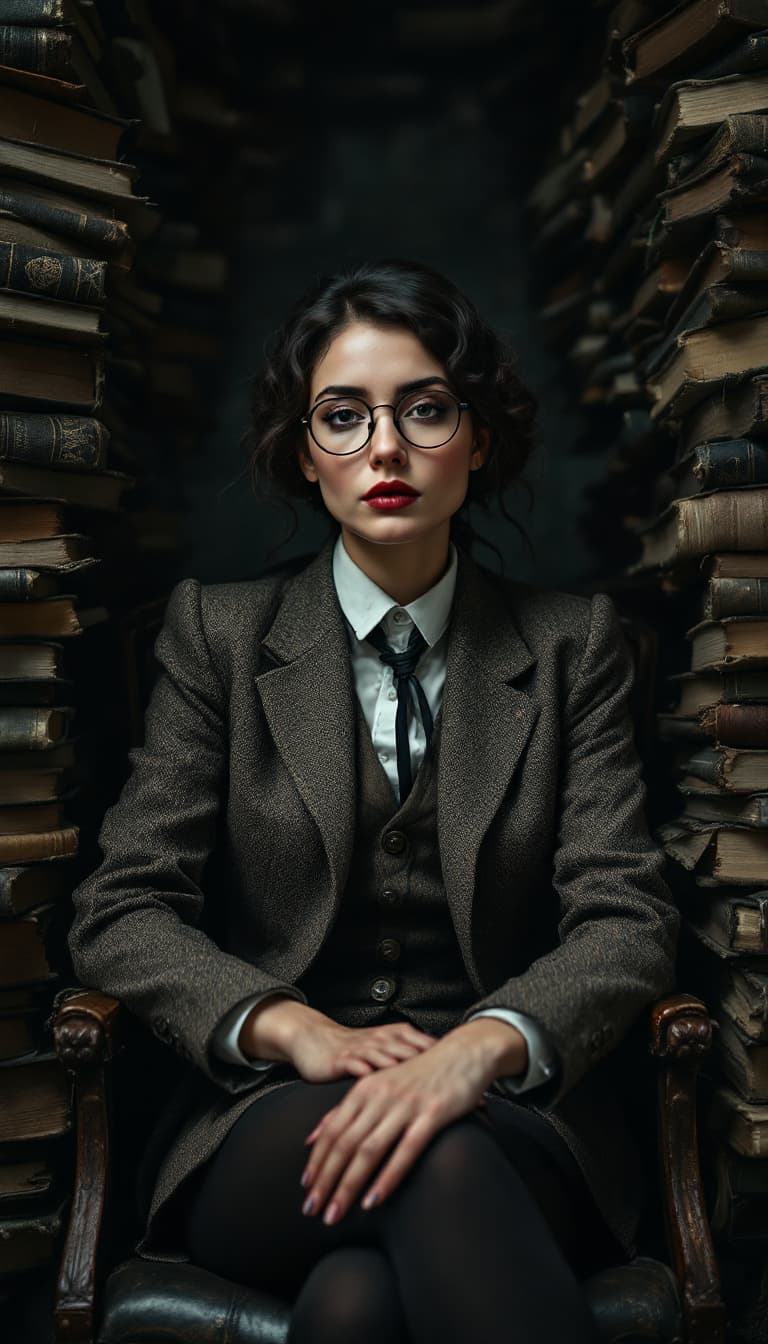 AI generated: 14. A poignant, three-quarter portrait of a woman sitting amidst a decaying library, surrounded by s...