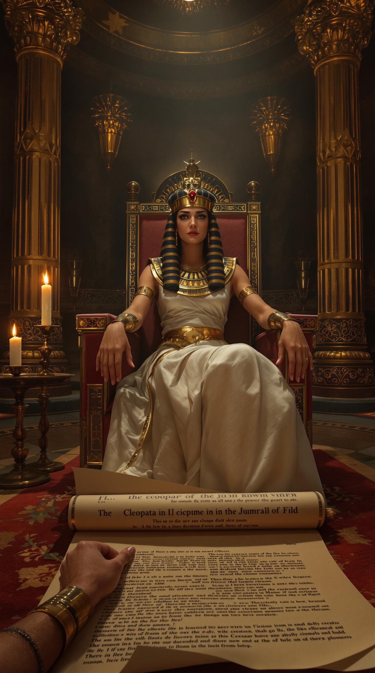 AI generated: A hyper-realistic first-person perspective of Cleopatra VII seated on a low, cushioned throne inside...