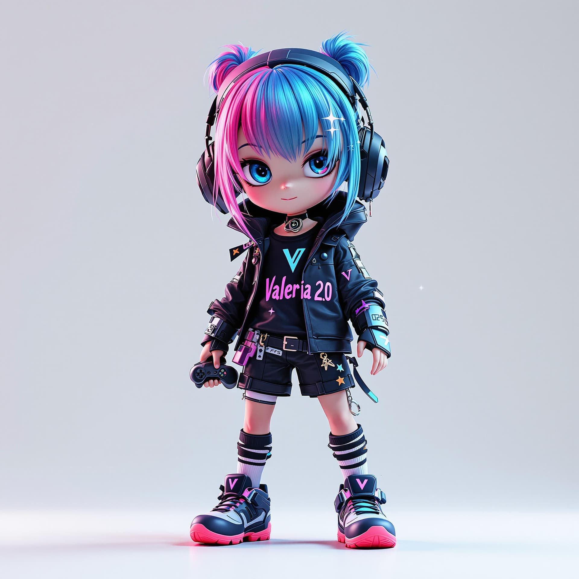 AI generated: Un personaje digital con estética cyberpunk y kawaii, vestido con ropa negra con detalles de neón az...