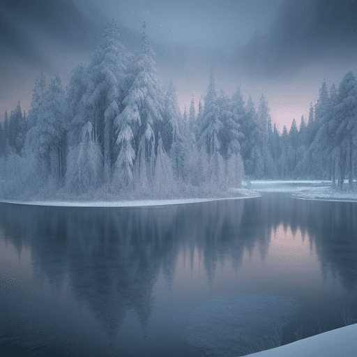 AI generated:  small lake surrounded by a frozen taiga forest, snow on the trees, winter, nothern lihts sky, compl...
