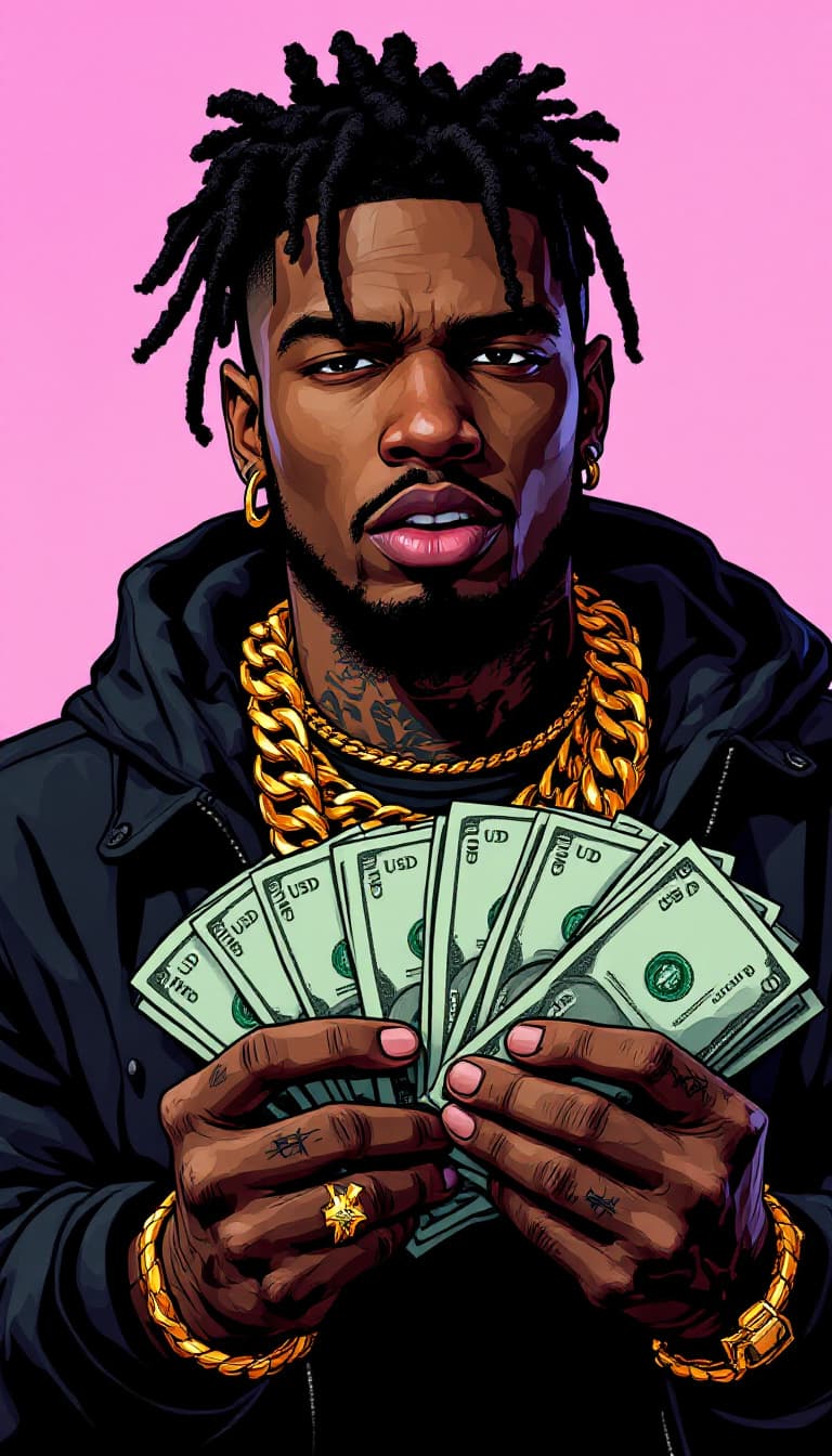 AI generated: A trap rapper with gold chains around his neck, holding a stack of USD bills, money, in the style of...