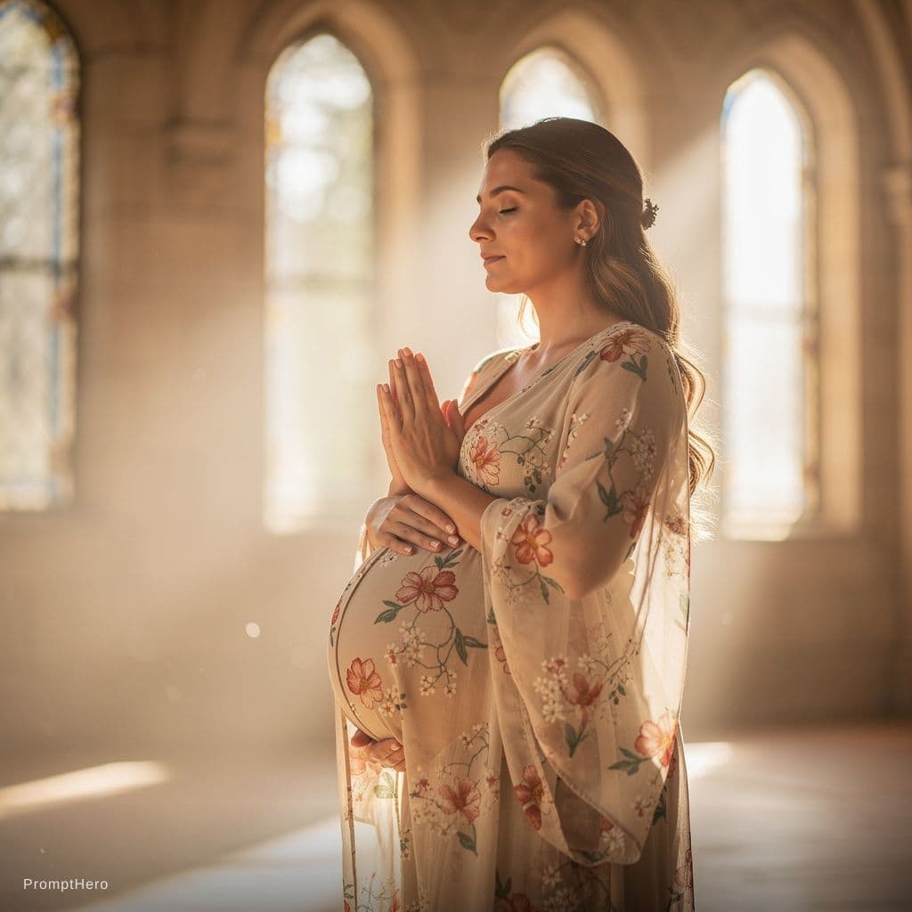 AI generated: A Pregnant women with flowery cloths standing for praying inside a religious space full of light aro...
