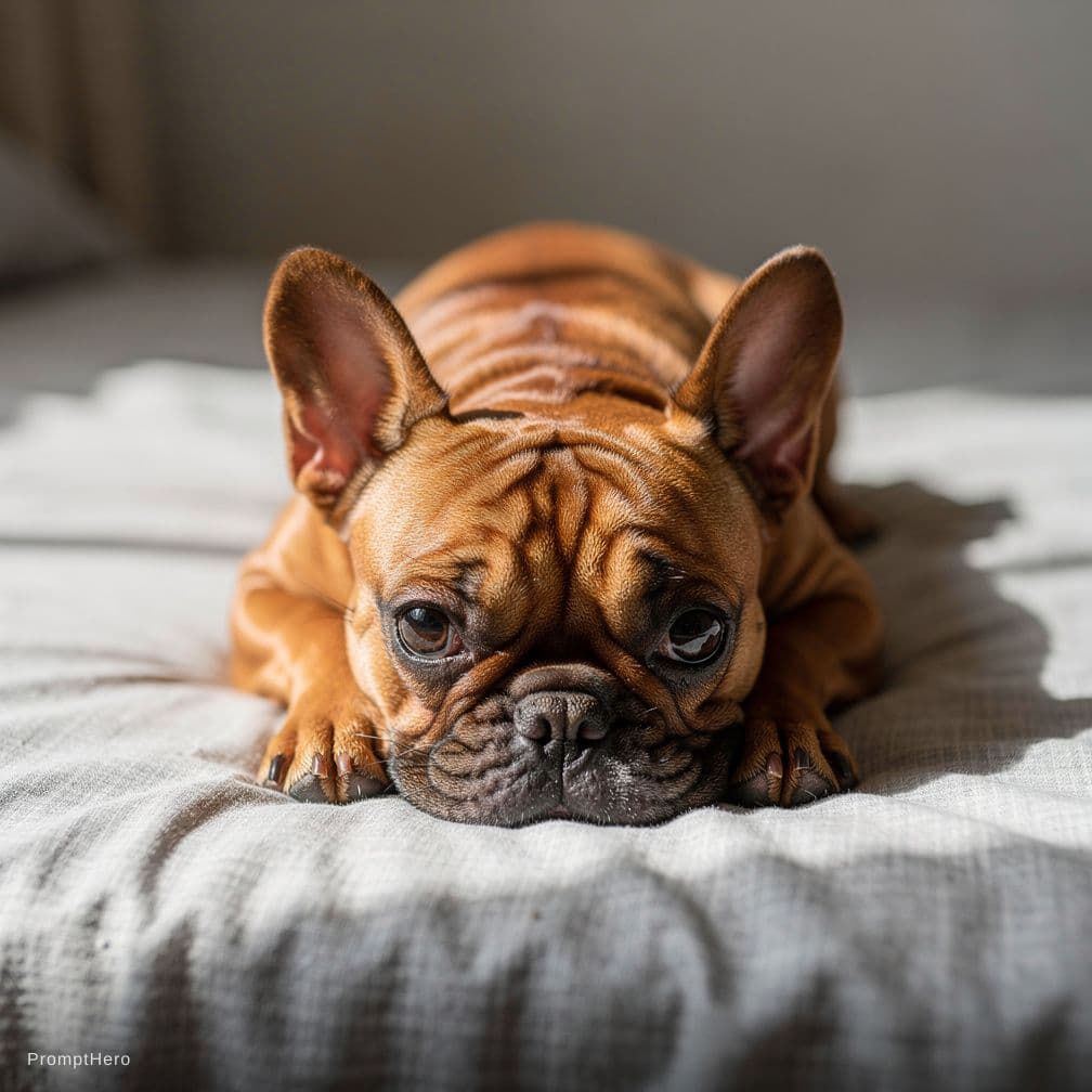AI generated: Un joli bouledogue français marron allongé 


