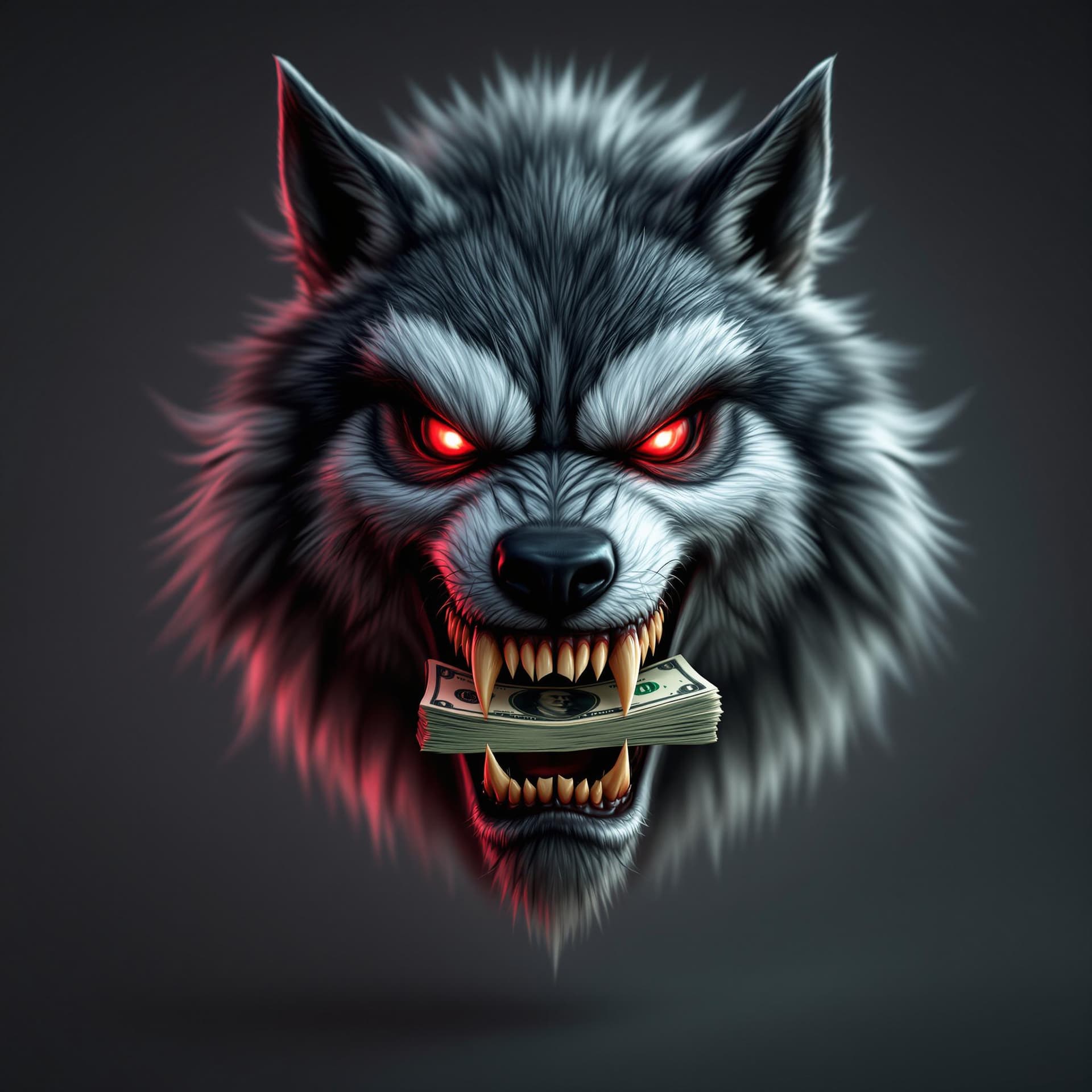 AI generated: ferocious wolf with red eyes, sharp teeth with one stack of money in it's mouth, realistic 3d illust...