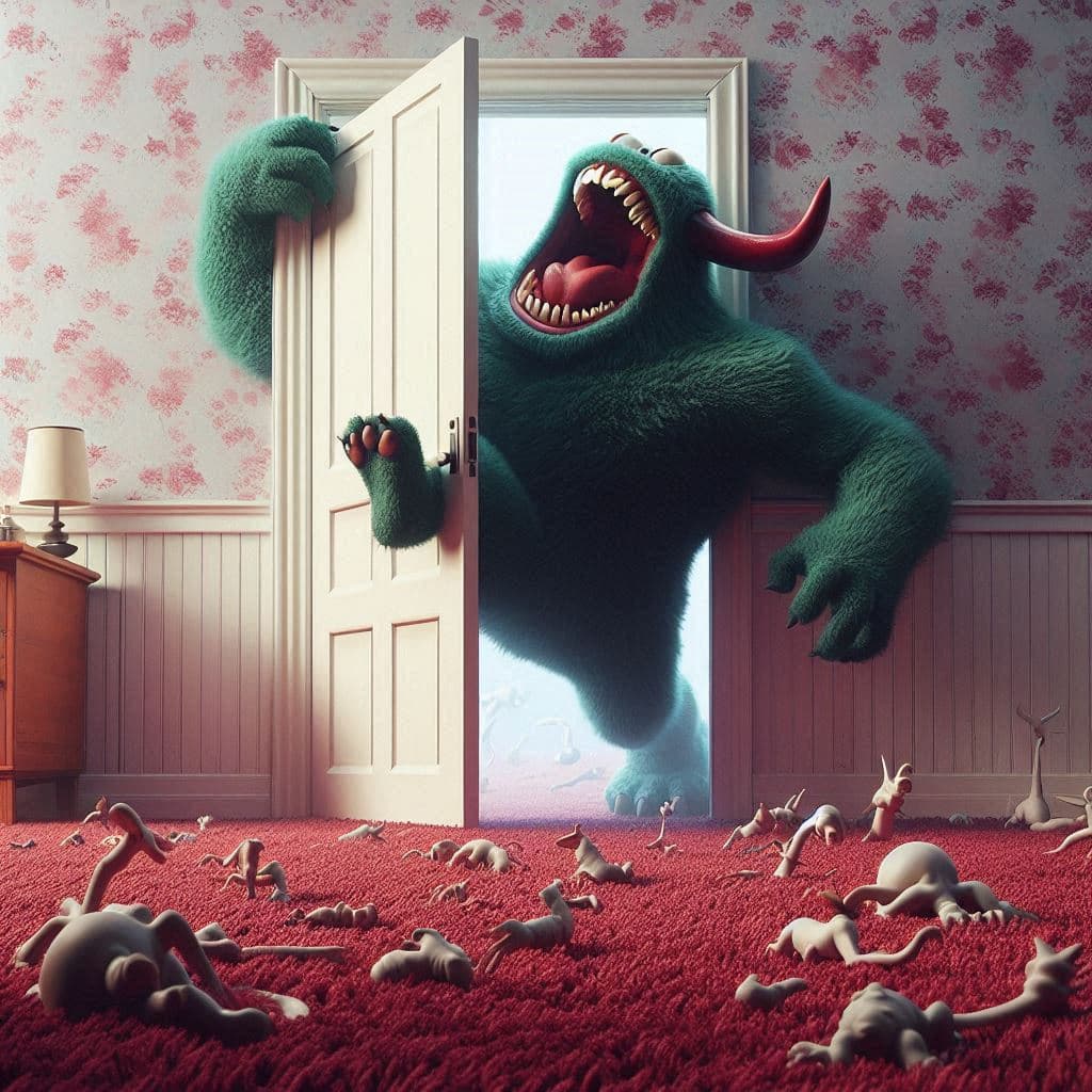 AI generated: a monster breaking through a door, in the style of Henri Fuseli, quirky characters, playful cartoons...