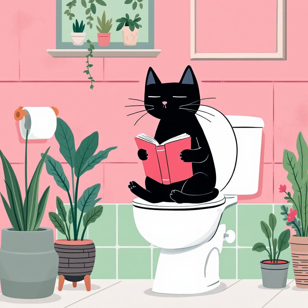 AI generated: A black cat sits on the open toilet seat, reading a book. The walls are pink, and the tiles are gree...