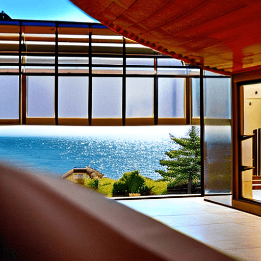 AI generated: Hyper realistic eye level exterior photo of a mid century modern style house overlooking the ocean, ...