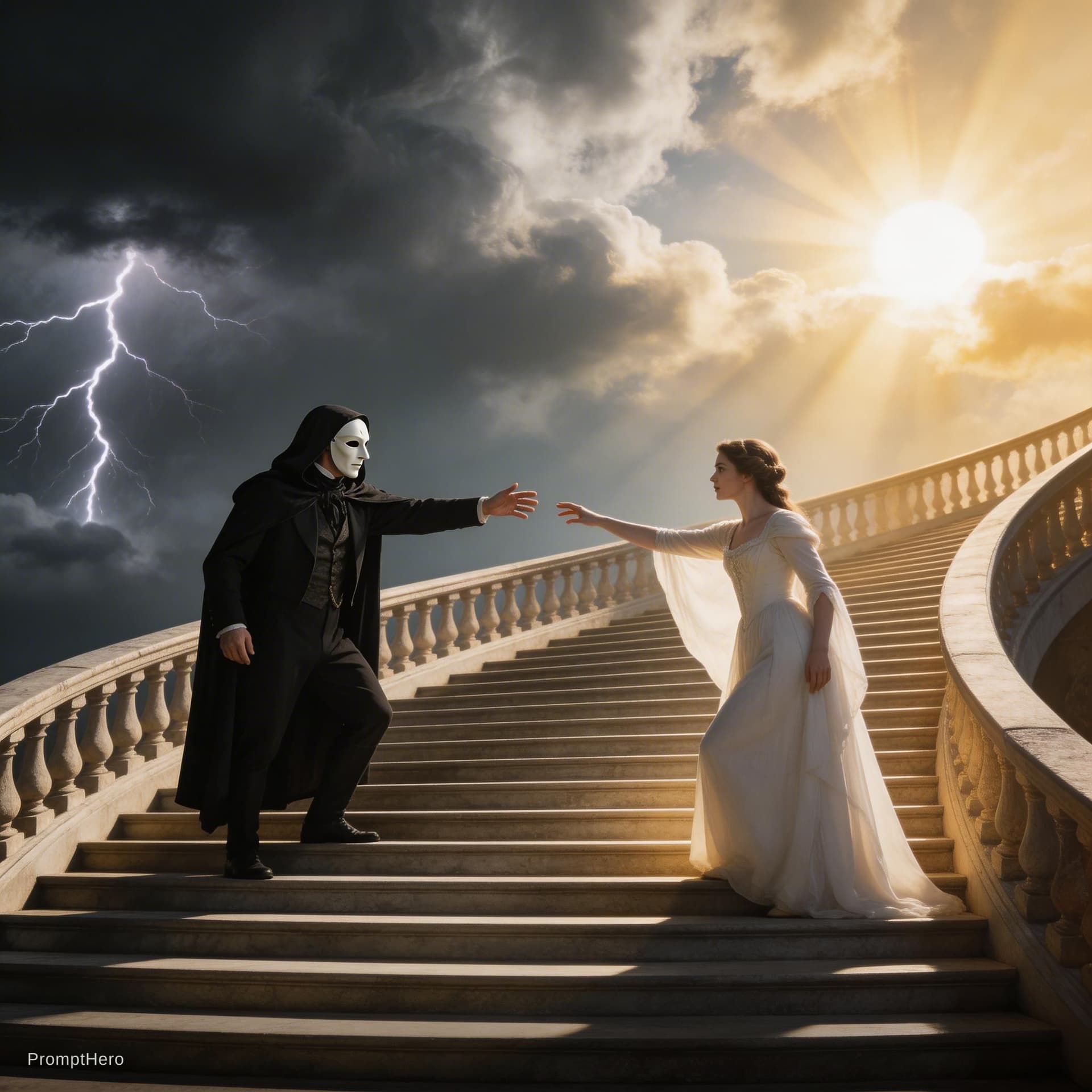 AI generated: An epic panoramic 4K scene showing the Phantom of the Opera and Christine. He ascends a staircase an...