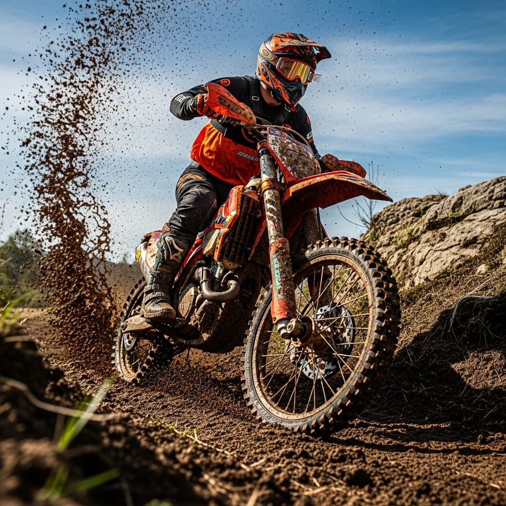 AI generated: Create a highly detailed and dynamic image of a motocross biker riding through a muddy terrain. The ...