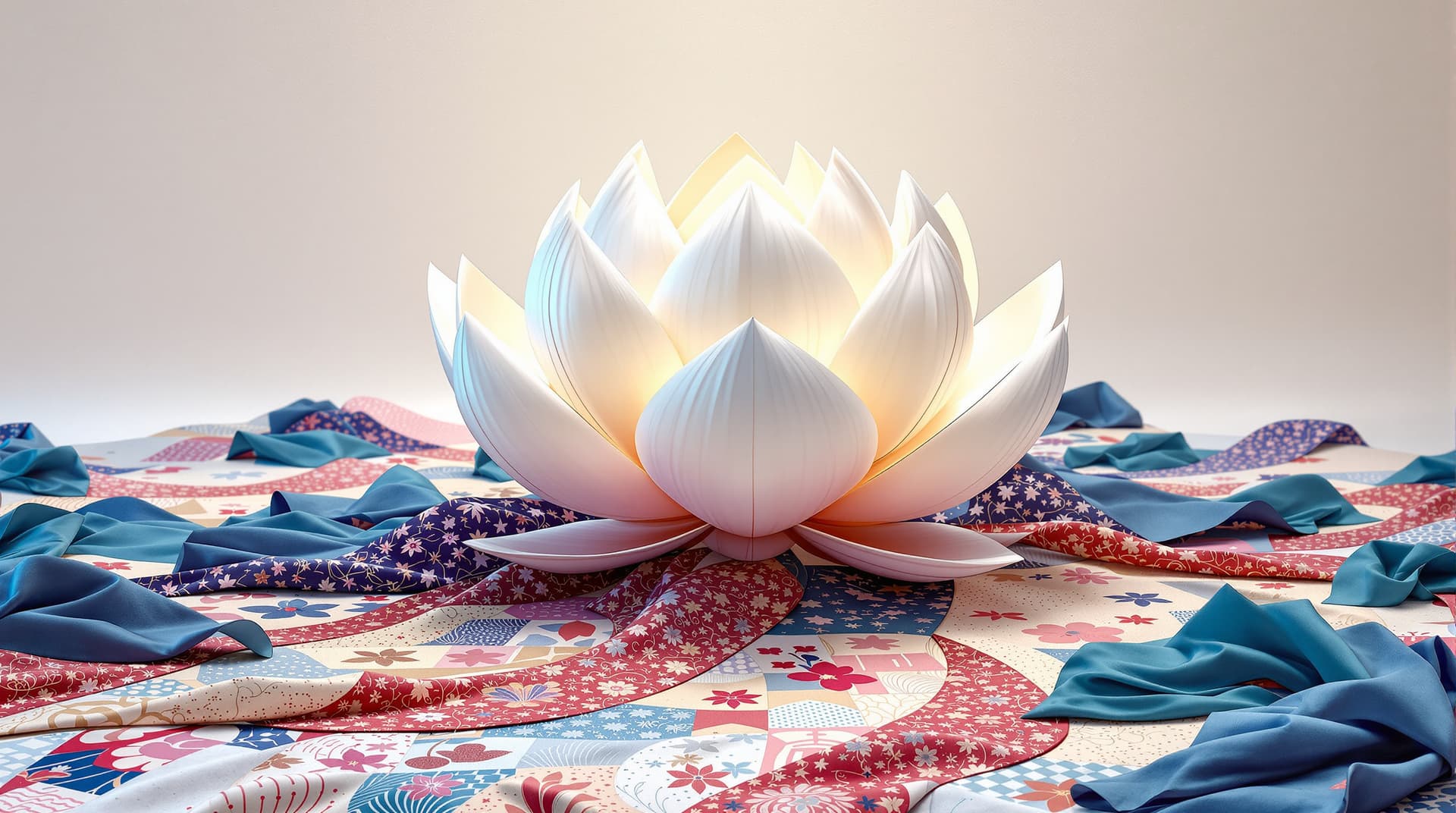 AI generated:  A hyper-realistic scene featuring a lotus-shaped sculpture crafted from glossy satin silk, with lon...