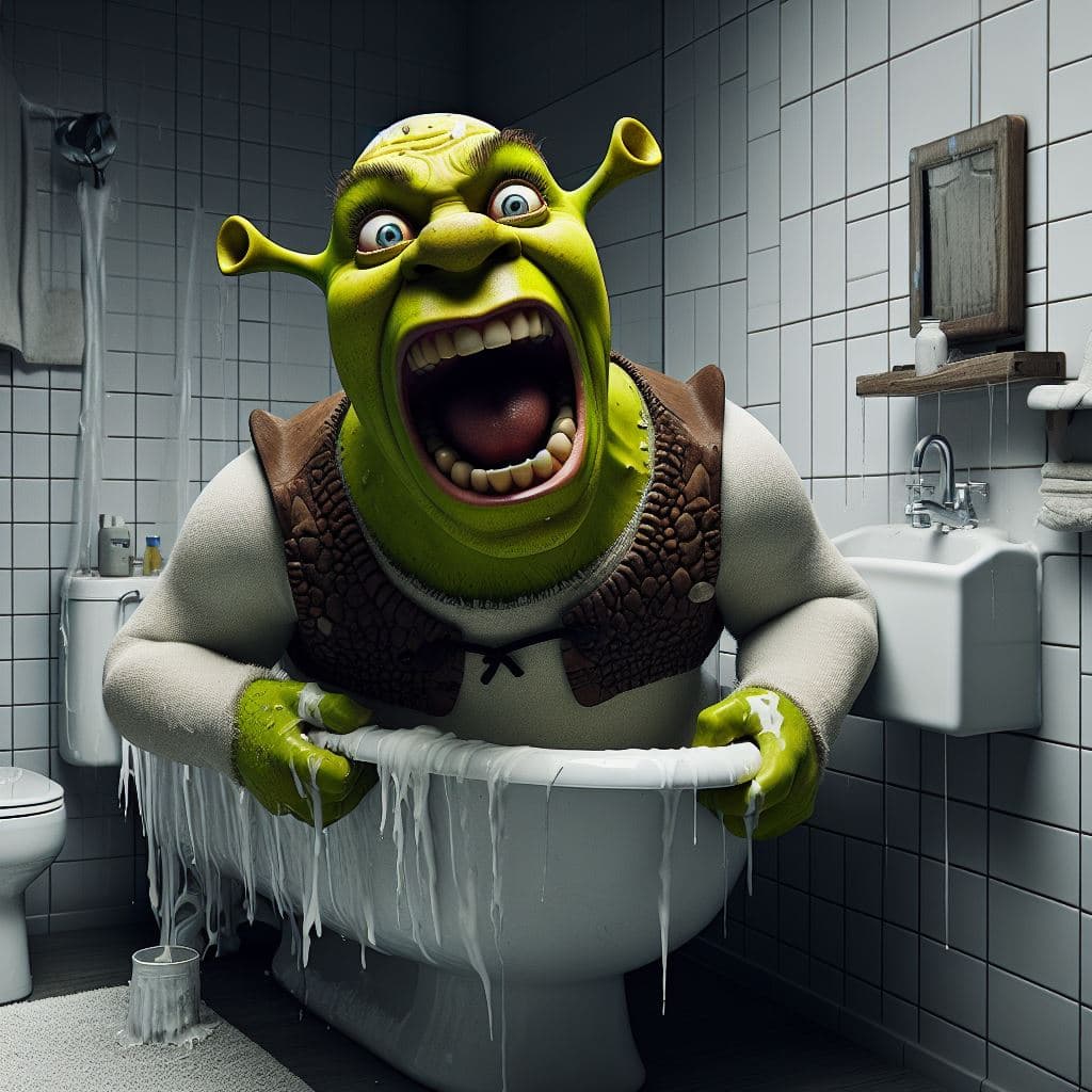 AI generated: Shrek going crazy in the bathroom, crazy, extreme, realistic, realistic