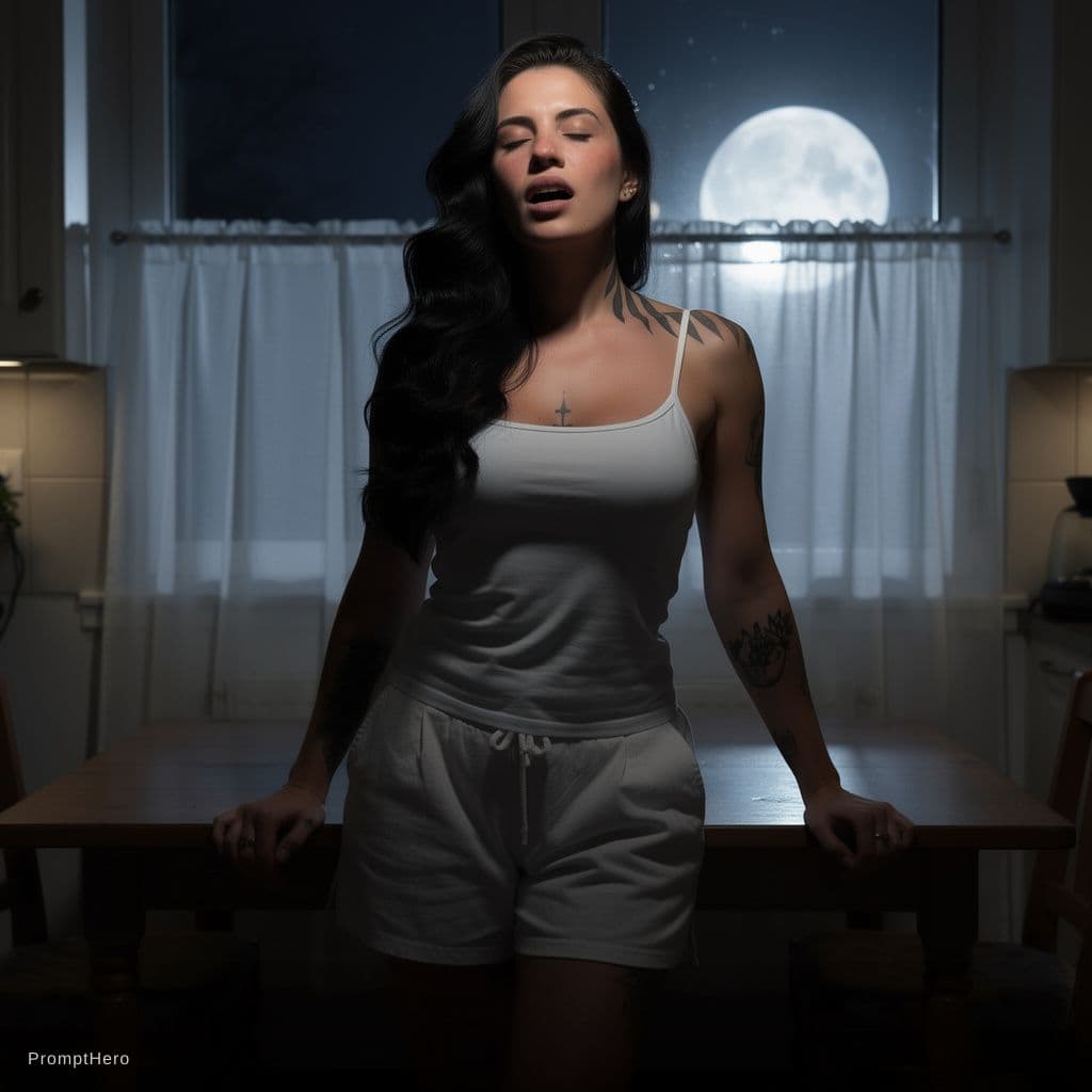AI generated: This is an image of a sexy woman leaning on a table in her kitchen in front of a window at night. He...