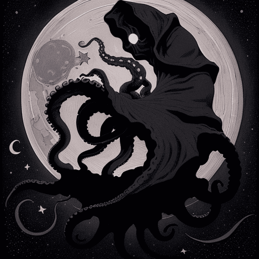 AI generated: a digital illustration of, a giant octopus wrapping its tentacles around the moon, in the darkness o...