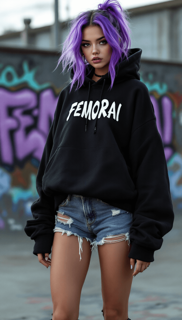 AI generated: A photorealistic image of a stylish girl in edgy streetwear fashion. She is wearing a black oversize...