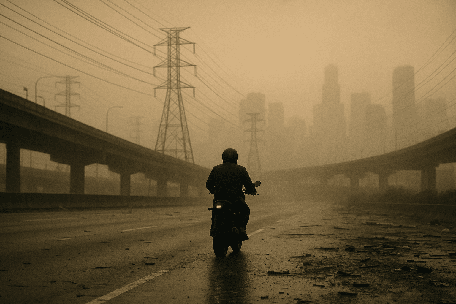 AI generated: a lone motorcyclist rides on a wet, debris-strewn urban highway in a hazy, smog-filled atmosphere, w...