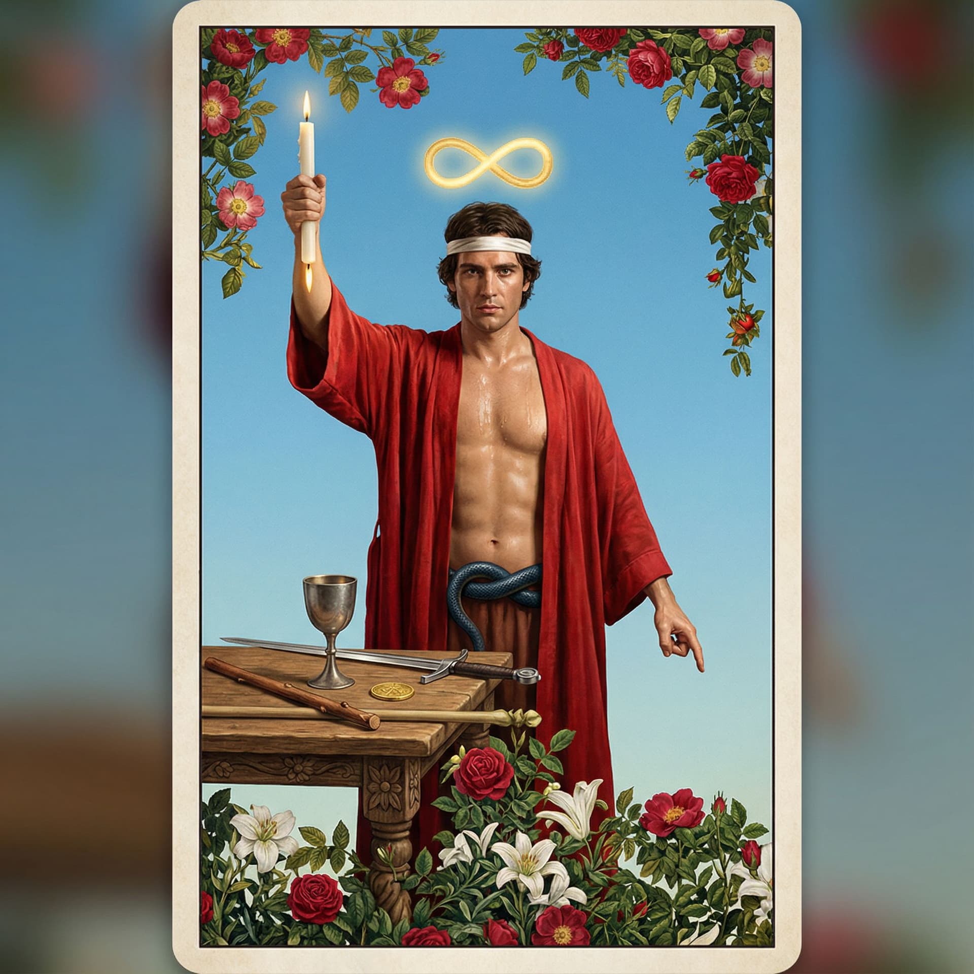 AI generated: This realistic tarot card art retains the classic Rider-Waite Magician composition: a clear, cloudle...