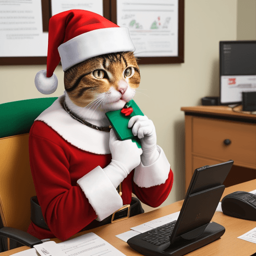 AI generated: 3:4，Many cats sit in Santa Claus's office making phone calls，personification，comic，Wearing clothes，8...