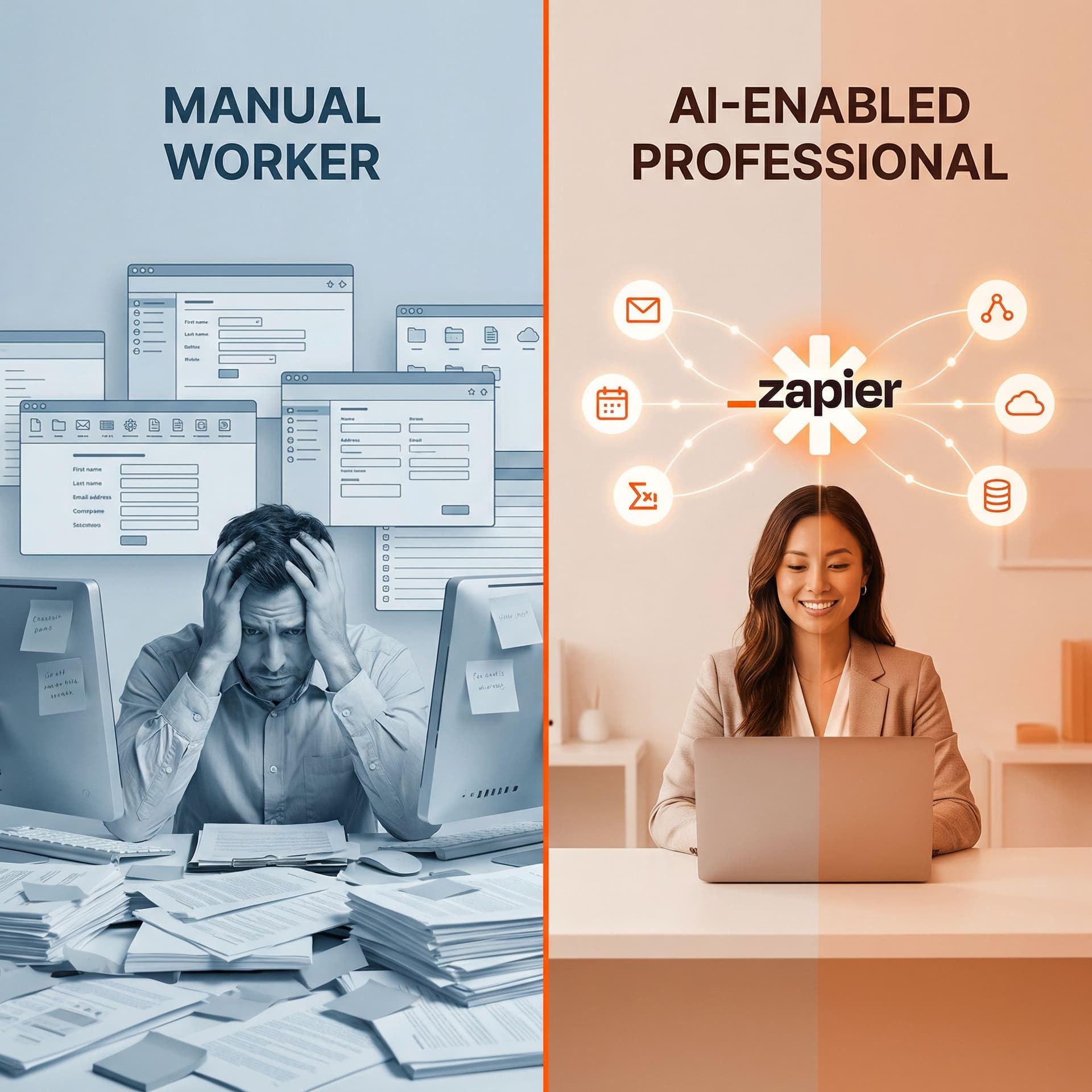 AI generated: Split-screen modern business concept.

LEFT SIDE:
Overwhelmed professional surrounded by repetitive ...