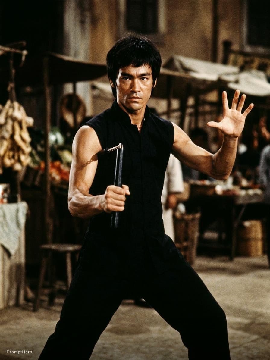 AI generated: A detailed illustration of Bruce Lee in his iconic role from the 1972 film "The Way of the Dragon," ...