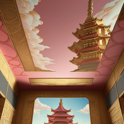 AI generated: figurehead baroque Illusionistic ceiling painting “the Chinoiserie temple gods are feasting on lyche...