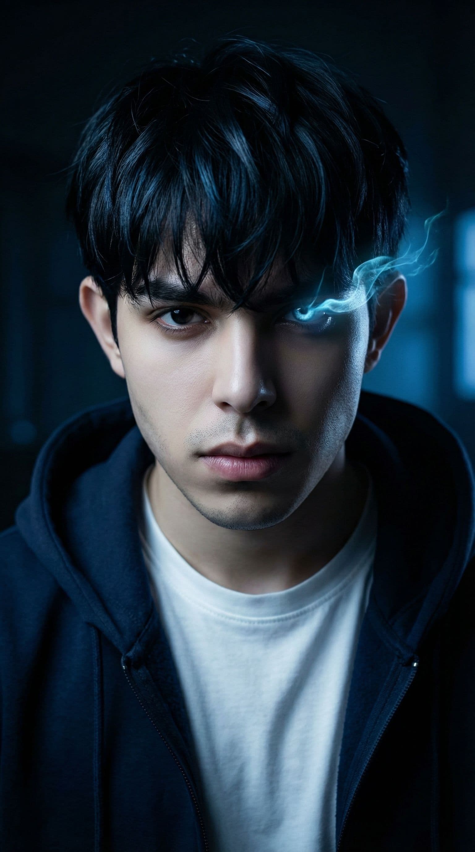 AI generated: A photo-realistic portrait of Sung Jin-Woo from Solo Leveling, looking intensely at the viewer with ...