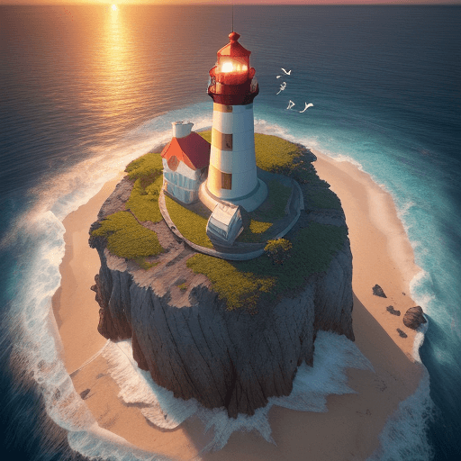 AI generated: a lighthouse sitting on a small island in the ocean, in the style of photorealistic fantasies, cryen...