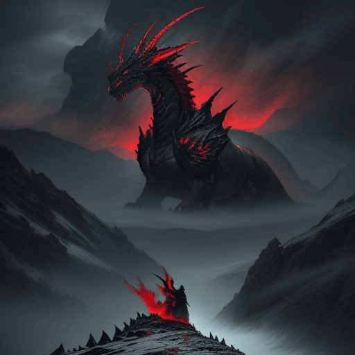 AI generated: epic landscape where a colossal dragon looms out of the stormy sky, with huge red flames comes up of...