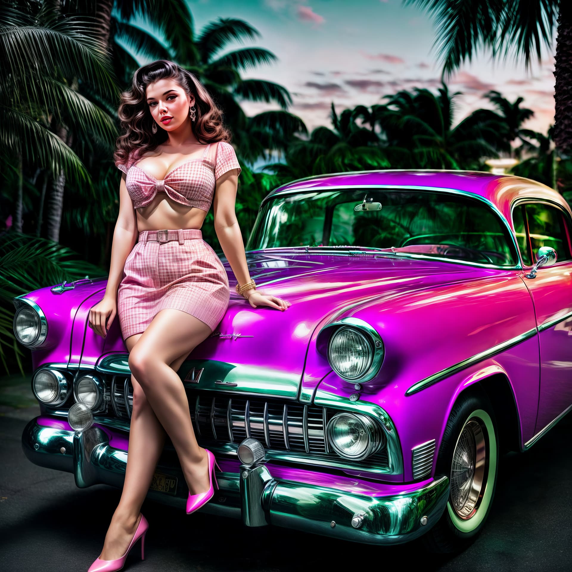 AI generated: <lora:myownface:1> Raw photo, confident attractive woman, 50's pinup girl, leaning on (salmon pink c...