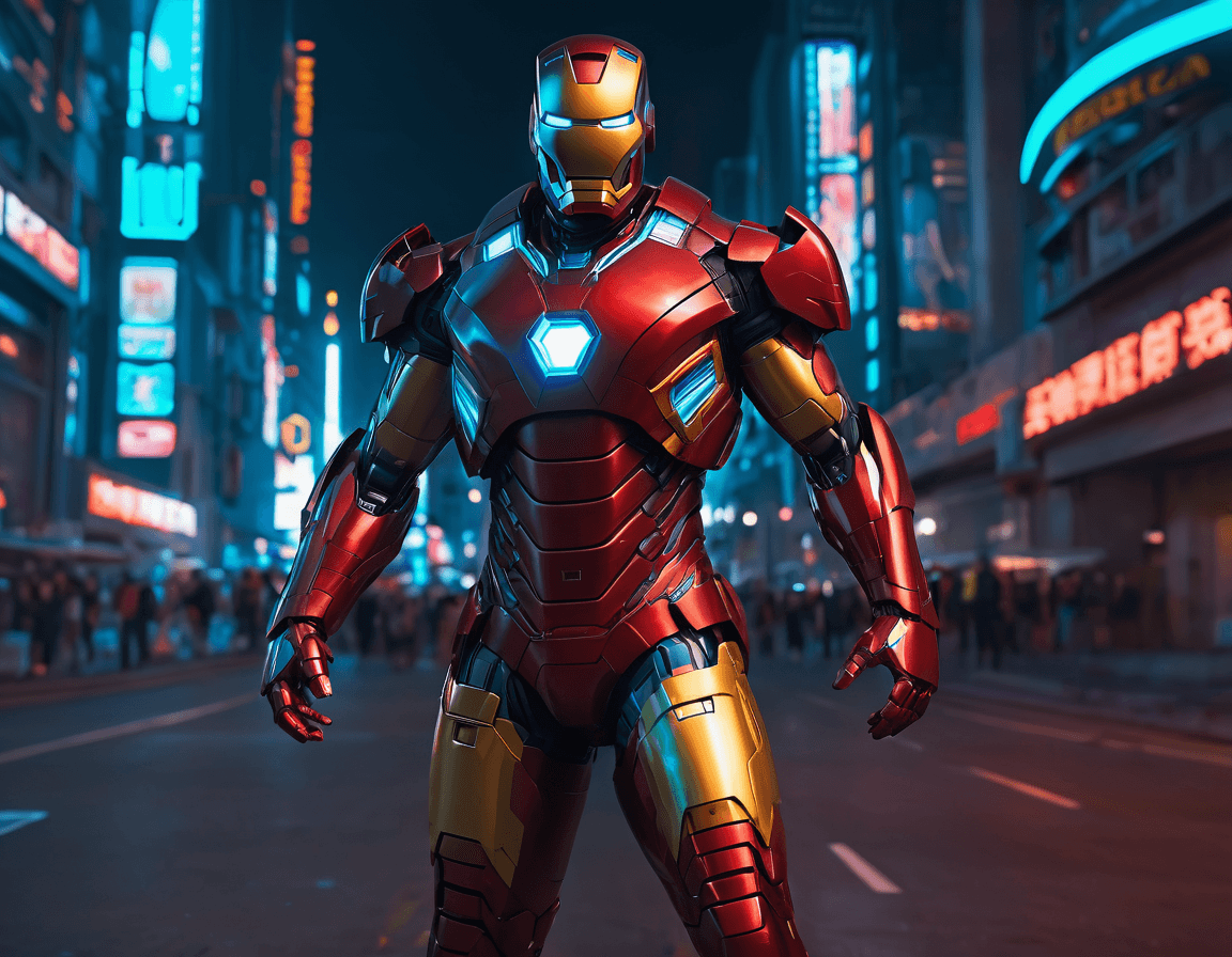 AI generated: A full-body Iron Man character in front of a futuristic cyberpunk-style city, at night, ultra-detail...