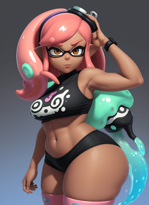 AI generated: Splatoon, inkling, goddess, high tech, thick thighs, large chest, pink, dark skin