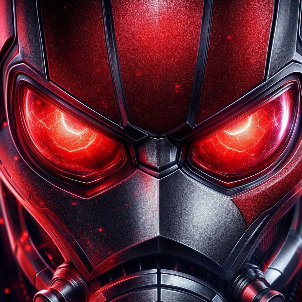 AI generated: Close-up of face of Ant-Man of marvel, red phosphorus eyes, Masterpiece, gigantic scale, ascii-art -...
