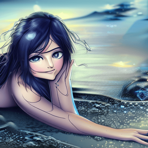 AI generated: 1girl, dark blue bikini, beautiful, long black hair, 8k, blue eyes, drenched, facing forward, smilin...
