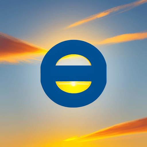 AI generated: a bright contrast yellow small letter "e" in blue sky during sunset, slightly rotated in horizontal ...