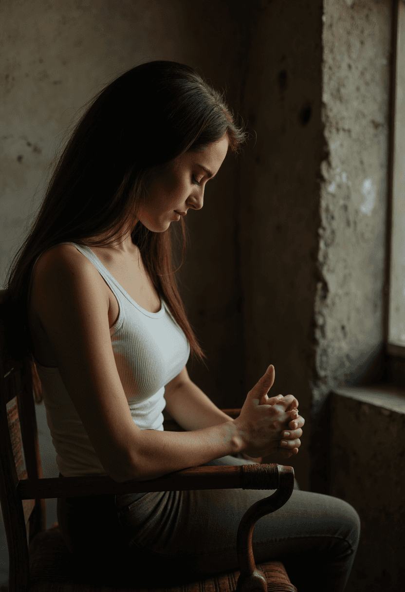 AI generated: A woman, profile view, sits in solitude by a worn-out wall, her style radiating through every detail...