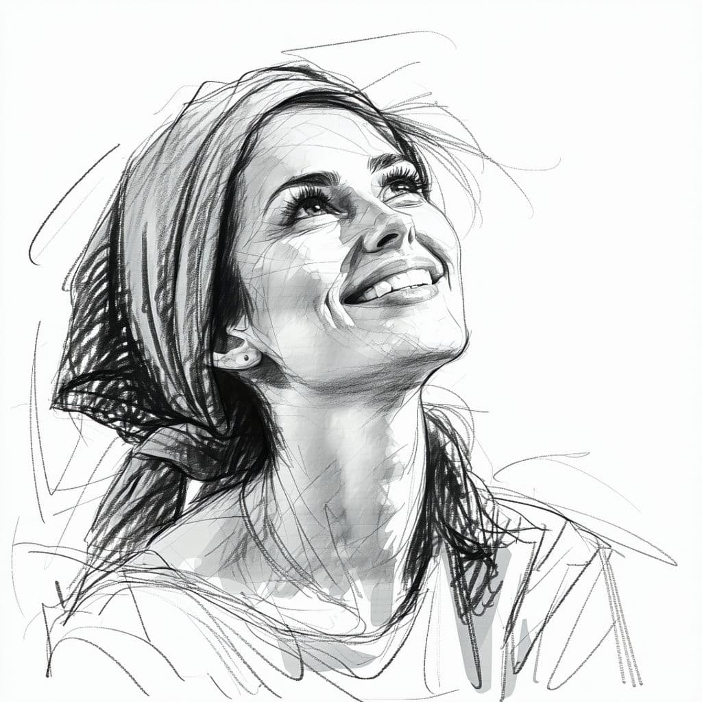 AI generated: Attractive caucasian woman, 30s, charcoal sketch, expressive, looking slightly up, wearing a little ...