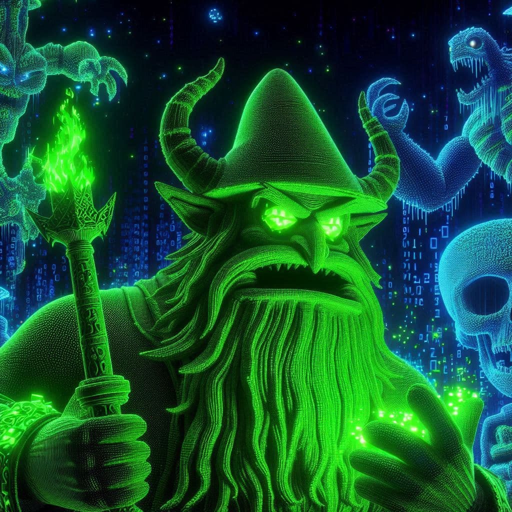 AI generated: 3d render representado con caracteres ASCII iluminados de Shreek ogro verde en el crusty crab de Spo...